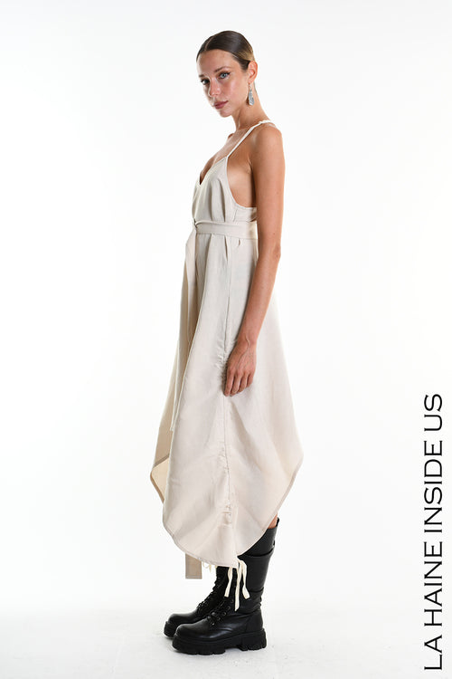 LH W5365 DRESS Asymmetric Fluid Viscose Linen Flamed Sand