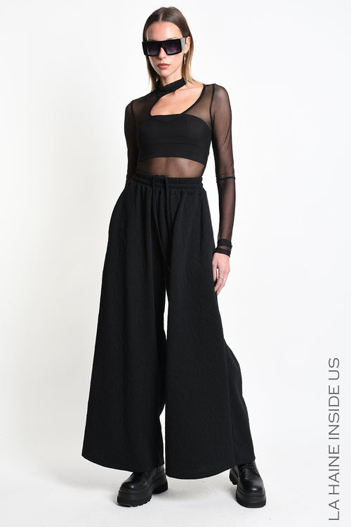 LH W5451 TROUSERS Flared Palazzo in Embossed Stretch Fleece Black