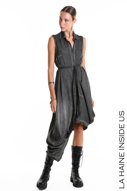LH W5382 JUMPSUIT/DRESS Multifunctional Over Dyed Viscose Satin Black