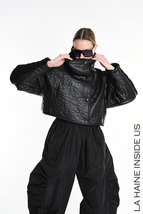 LH W5219 JACKET Crop Eco Leather & Wool Black