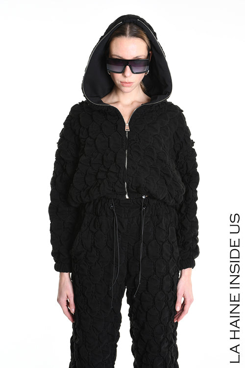 LH W5198 BOMBER Over Crop Jersey Embossed & Stretch Fleece Black