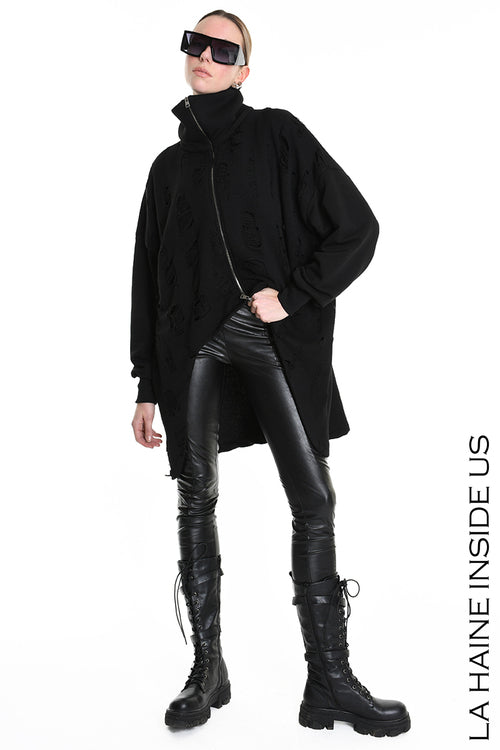 LH W5202 SWEATSHIRT Over Asymmetric Knitted Blend Wool Black