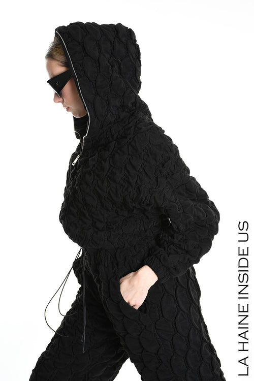 LH W5198 BOMBER Over Crop Jersey Embossed & Stretch Fleece Black