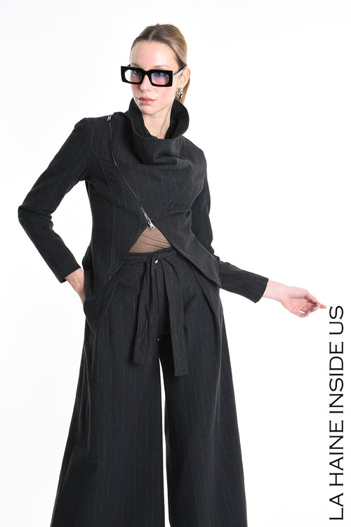 LH W5176 JACKET Asymmetric Flannel Pinstripe Black