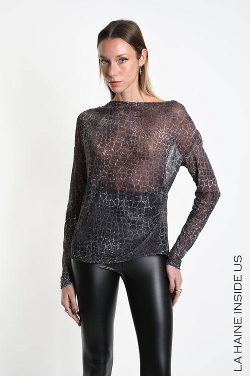 LH W5428 SWEATER Regular Tulle Stretch Printed Black