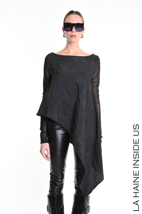 LH W5194 MAGLIA Over Asimmetrica in Nylon Jacquard &amp; Tulle Stretch Nero