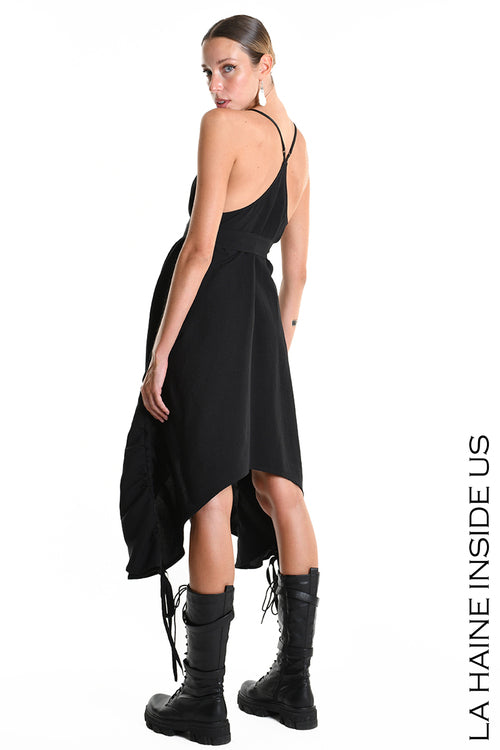 LH W5365 DRESS Asymmetric Fluid Viscose Linen Flamed Black