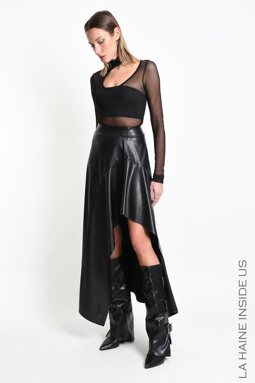 LH W5418 SKIRT Asymmetric with Volant Faux Leather Stretch Black
