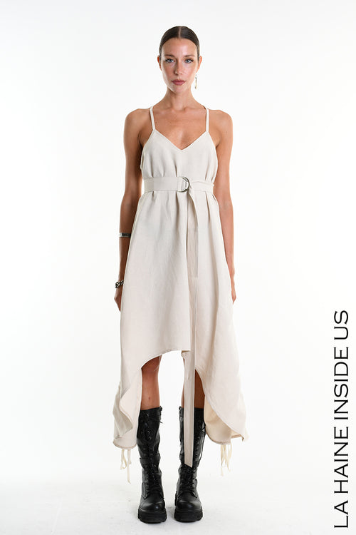 LH W5365 DRESS Asymmetric Fluid Viscose Linen Flamed Sand