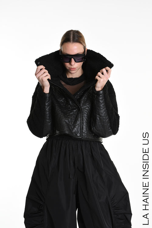 LH W5219 JACKET Crop Eco Leather & Wool Black