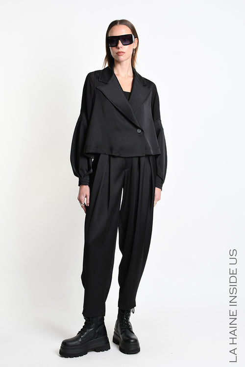 LH W5470 BLAZER Over Crop Satin & Gauze Viscose Wool Black