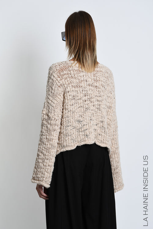 LH W5520 SWEATER Crop Blend Wool Braided Boucle Ecru