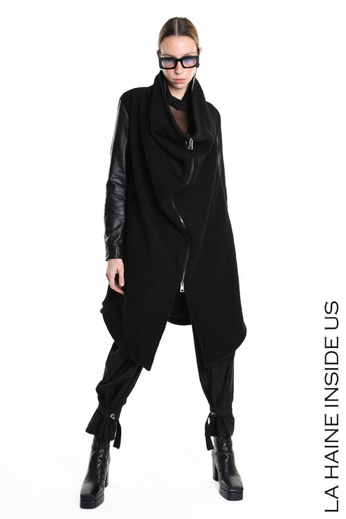 LH W5220 COAT Over Asymmetric Boiled Wool & Nappa Leather Black