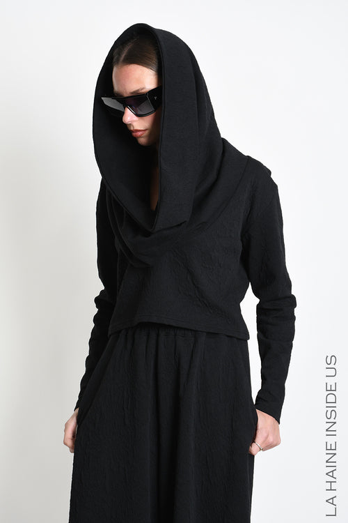LH W5449 SWEATER Crop Embossed Stretch Fleece Black