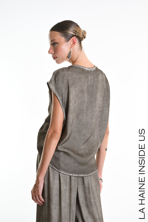 LH W5278 TUNIC Over Asymmetrical Viscose Satin Dyed Cold Mud