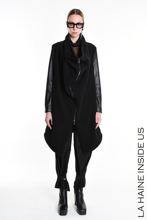 LH W5220 COAT Over Asymmetric Boiled Wool & Nappa Leather Black