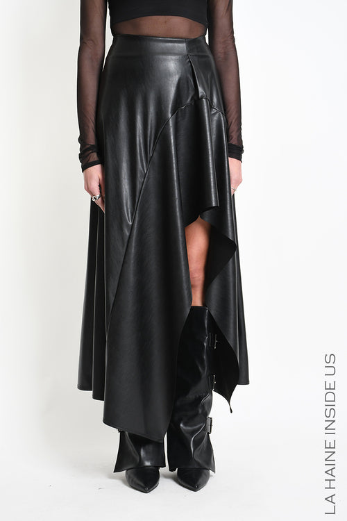 LH W5418 SKIRT Asymmetric with Volant Faux Leather Stretch Black