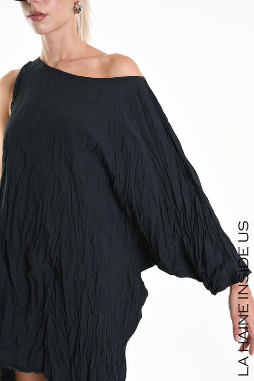 LH W5044 DRESS Asymmetric Cotton Organic Crumpled Black