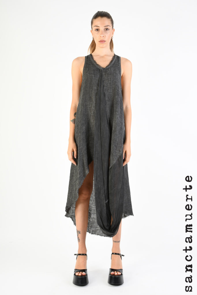 Sanctamuerte-Kleid aus grauem Leinen/Seide