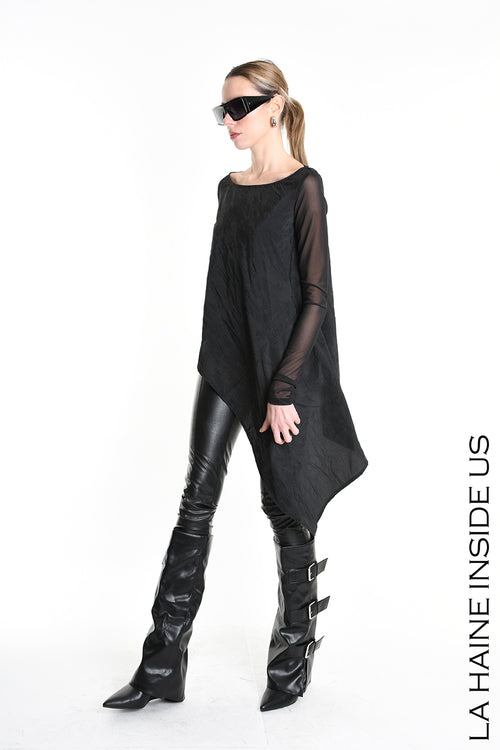 LH W5194 MAGLIA Over Asimmetrica in Nylon Jacquard &amp; Tulle Stretch Nero