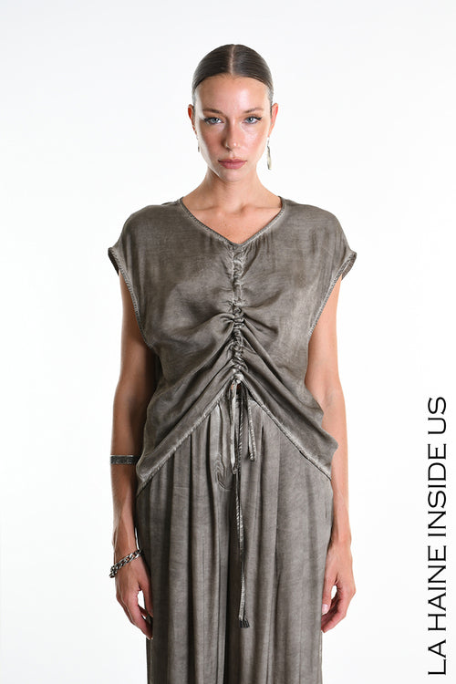 LH W5278 TUNIC Over Asymmetrical Viscose Satin Dyed Cold Mud