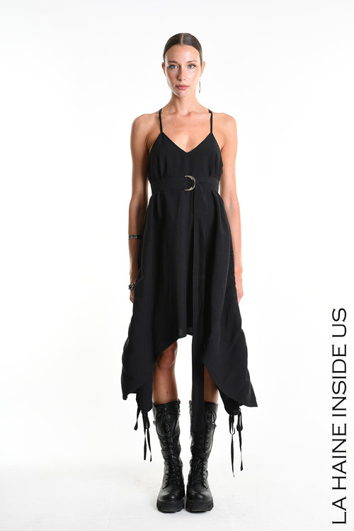 LH W5365 DRESS Asymmetric Fluid Viscose Linen Flamed Black