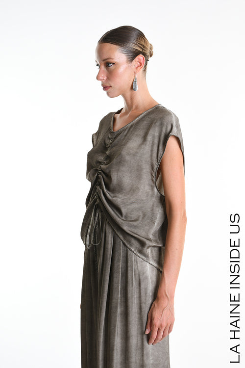 LH W5278 TUNIC Over Asymmetrical Viscose Satin Dyed Cold Mud