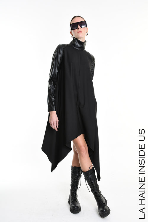 LH W5178 DRESS Asymmetric Fluid & Faux Leather Black