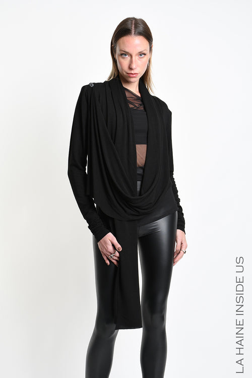 LH W5455 CARDIGAN Asymmetric in Viscose Jersey Stretch Black