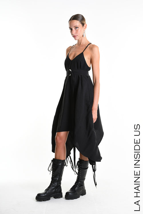 LH W5365 DRESS Asymmetric Fluid Viscose Linen Flamed Black