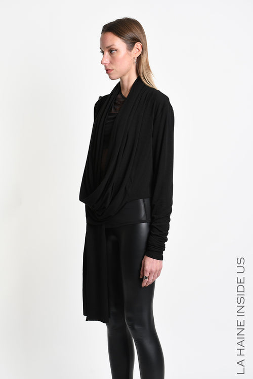 LH W5455 CARDIGAN Asymmetric in Viscose Jersey Stretch Black