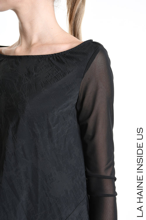 LH W5194 MAGLIA Over Asimmetrica in Nylon Jacquard &amp; Tulle Stretch Nero
