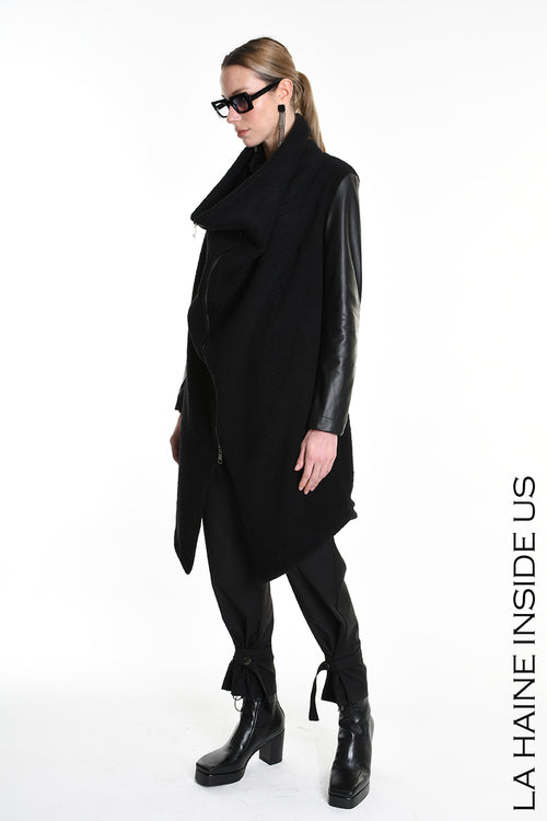 LH W5220 COAT Over Asymmetric Boiled Wool & Nappa Leather Black