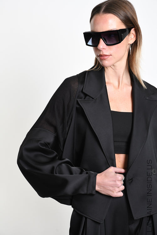 LH W5470 BLAZER Over Crop Satin & Gauze Viscose Wool Black