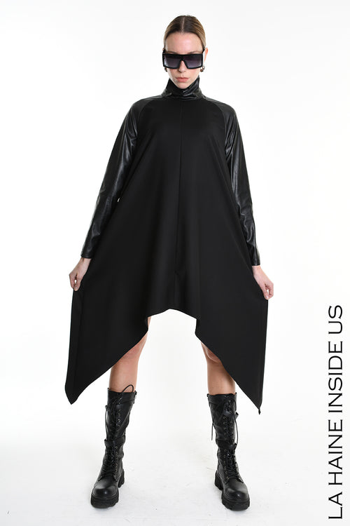 LH W5178 DRESS Asymmetric Fluid & Faux Leather Black