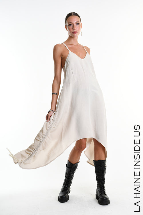 LH W5365 DRESS Asymmetric Fluid Viscose Linen Flamed Sand