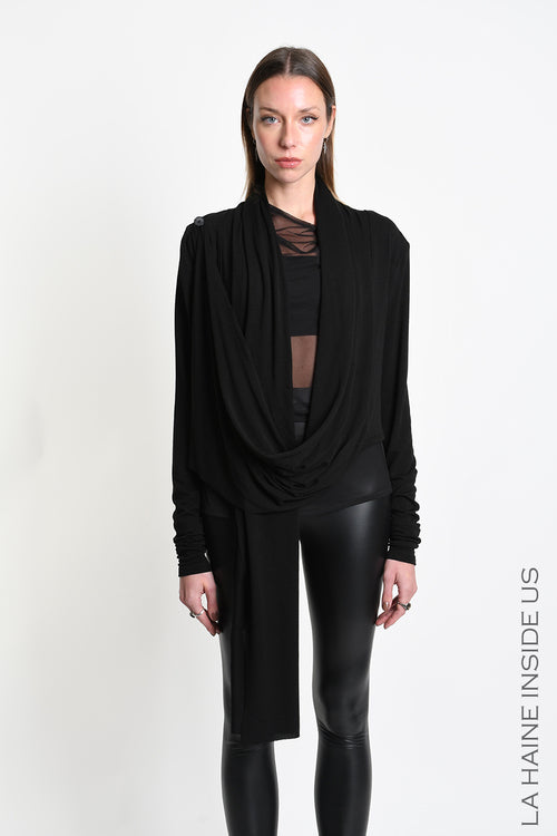 LH W5455 CARDIGAN Asymmetric in Viscose Jersey Stretch Black