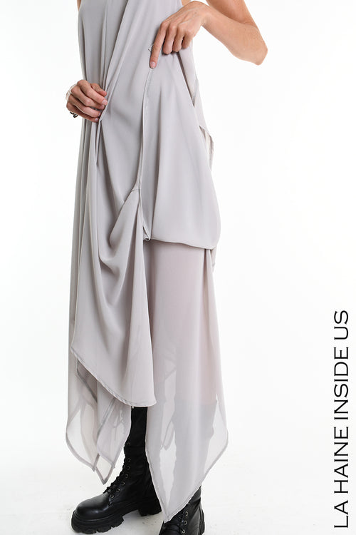 LH 5342 DRESS Doubled Georgette & Doubled Faux Leather Grey