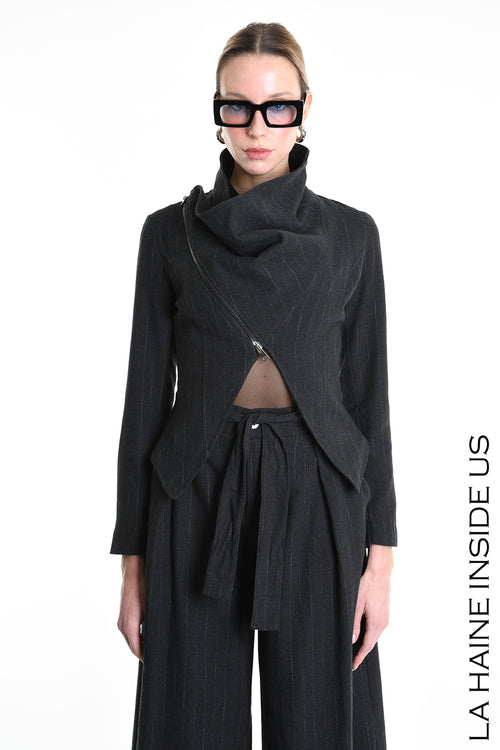 LH W5176 JACKET Asymmetric Flannel Pinstripe Black