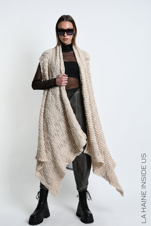 LH W5521 VEST Asymmetric Wool-Blend Fineness 5 Braided Boucle UNISEX D Ecru