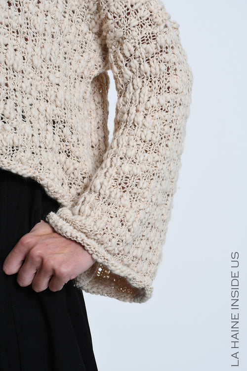 LH W5520 SWEATER Crop Blend Wool Braided Boucle Ecru