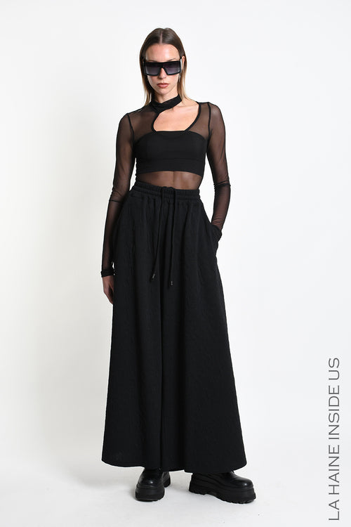 LH W5451 TROUSERS Flared Palazzo in Embossed Stretch Fleece Black