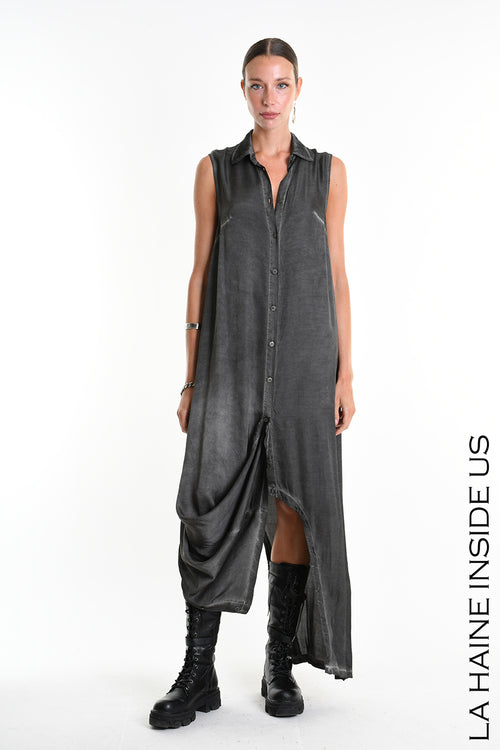 LH W5382 JUMPSUIT/DRESS Multifunctional Over Dyed Viscose Satin Black