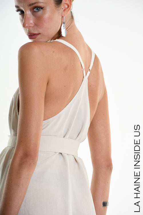 LH W5365 DRESS Asymmetric Fluid Viscose Linen Flamed Sand