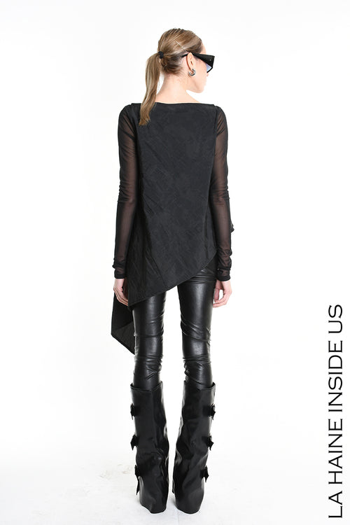 LH W5194 MAGLIA Over Asimmetrica in Nylon Jacquard &amp; Tulle Stretch Nero