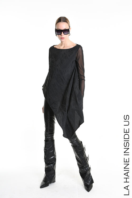 LH W5194 MAGLIA Over Asimmetrica in Nylon Jacquard &amp; Tulle Stretch Nero