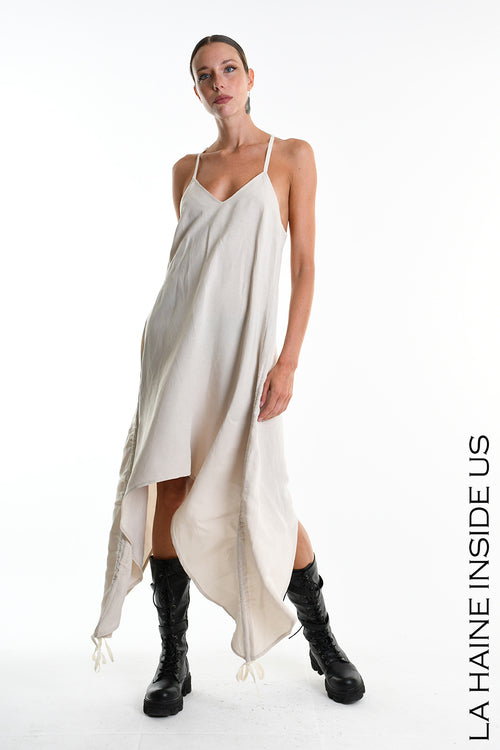 LH W5365 DRESS Asymmetric Fluid Viscose Linen Flamed Sand