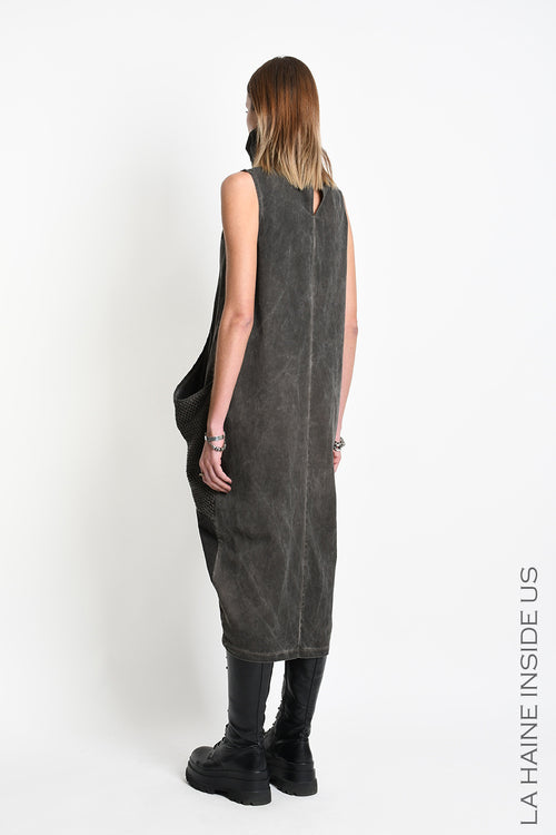 LH W5492 DRESS Over Asymmetric Tweel Cotton Dyed Cold Mud