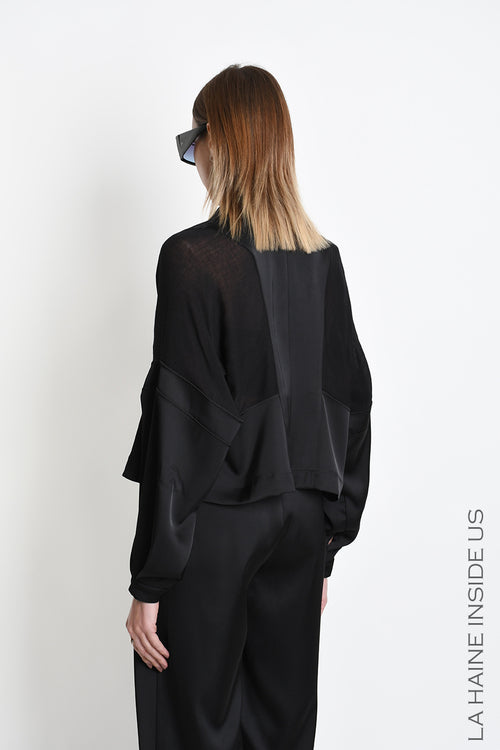 LH W5470 BLAZER Over Crop Satin & Gauze Viscose Wool Black